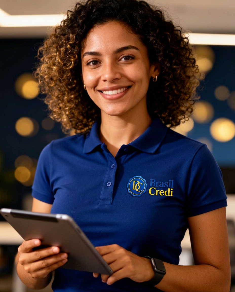 Consultora da Brasil Credi com camisa da marca, pronta para atender