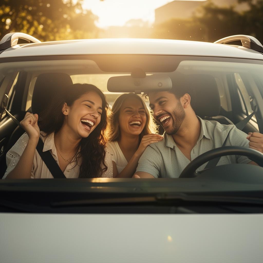 Casal sorrindo dentro do carro novo