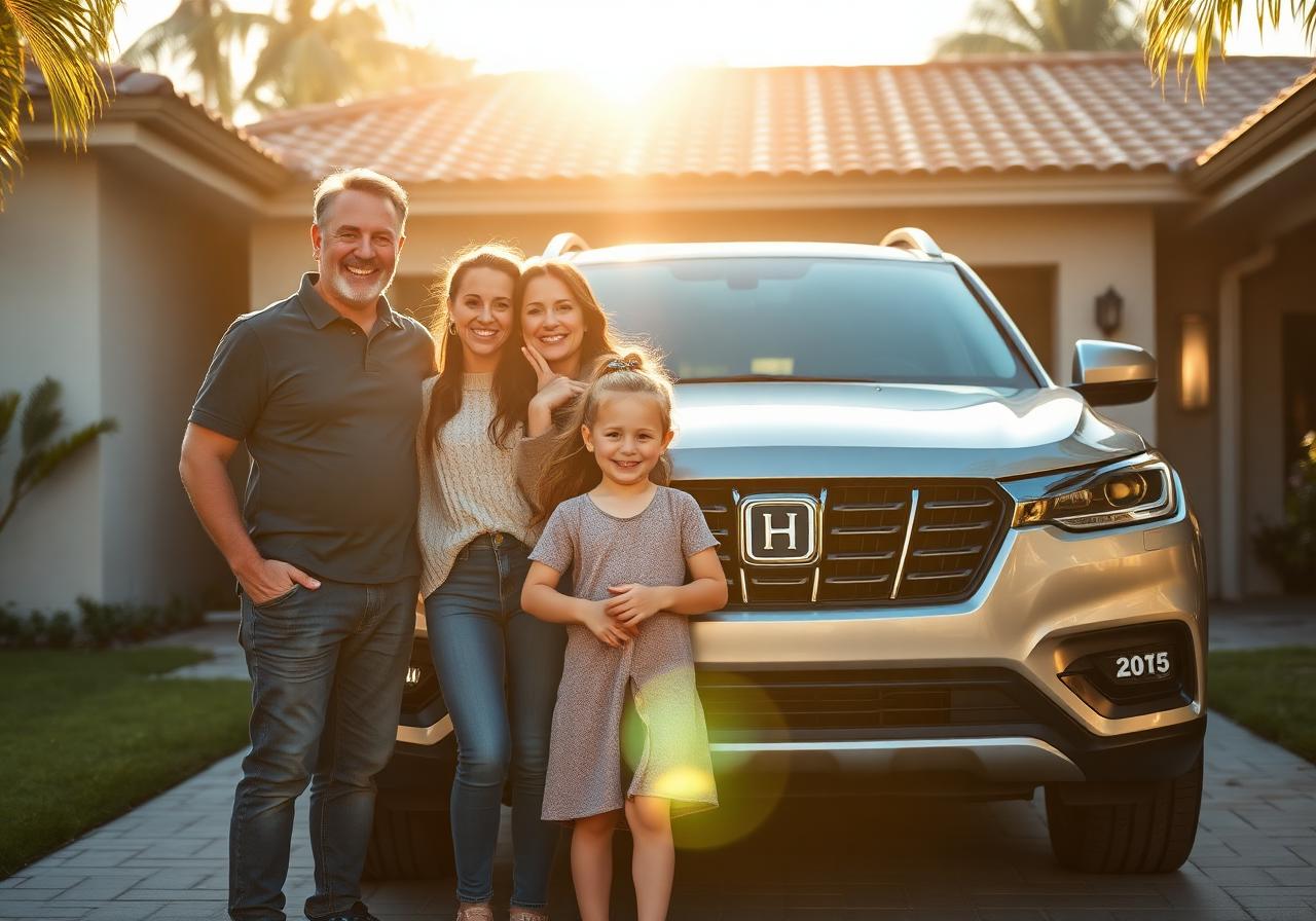 Família feliz em frente ao carro novo