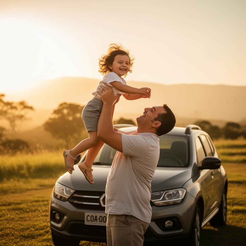 Pai erguendo a filha em frente ao carro